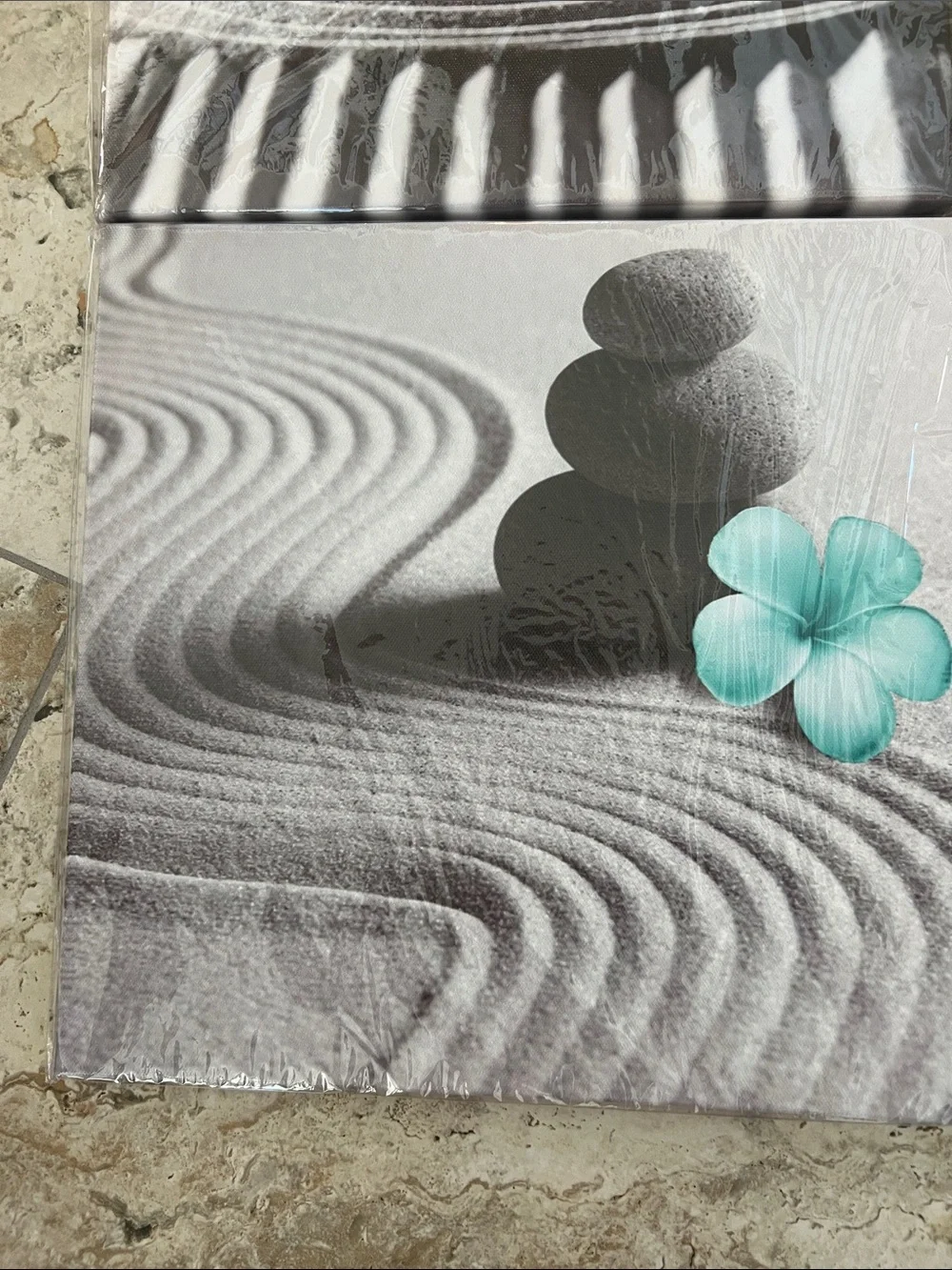 Zen Stone Wall Art Set with Teal Flower – Home Bath- set of 4 - 12”x12”